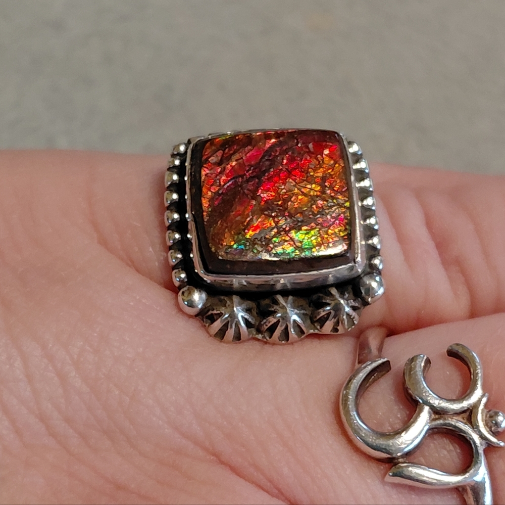 Fiery Ammolite Sterling Silver Ring Size 6 - Picture 2 of 13
